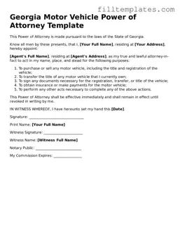 Official Motor Vehicle Power of Attorney Template for the State of Georgia
