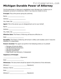 Official Durable Power of Attorney Template for the State of Michigan