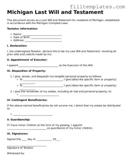 Official Last Will and Testament Template for the State of Michigan