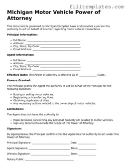Official Motor Vehicle Power of Attorney Template for the State of Michigan