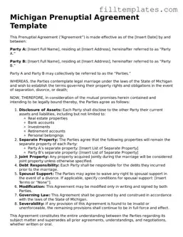 Official Prenuptial Agreement Template for the State of Michigan