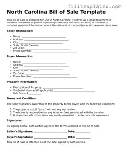 Official Bill of Sale Template for the State of North Carolina