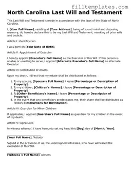 Official Last Will and Testament Template for the State of North Carolina