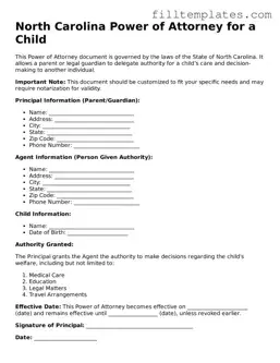 Official Power of Attorney for a Child Template for the State of North Carolina