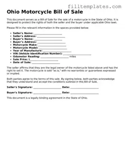 Official Motorcycle Bill of Sale Template for the State of Ohio