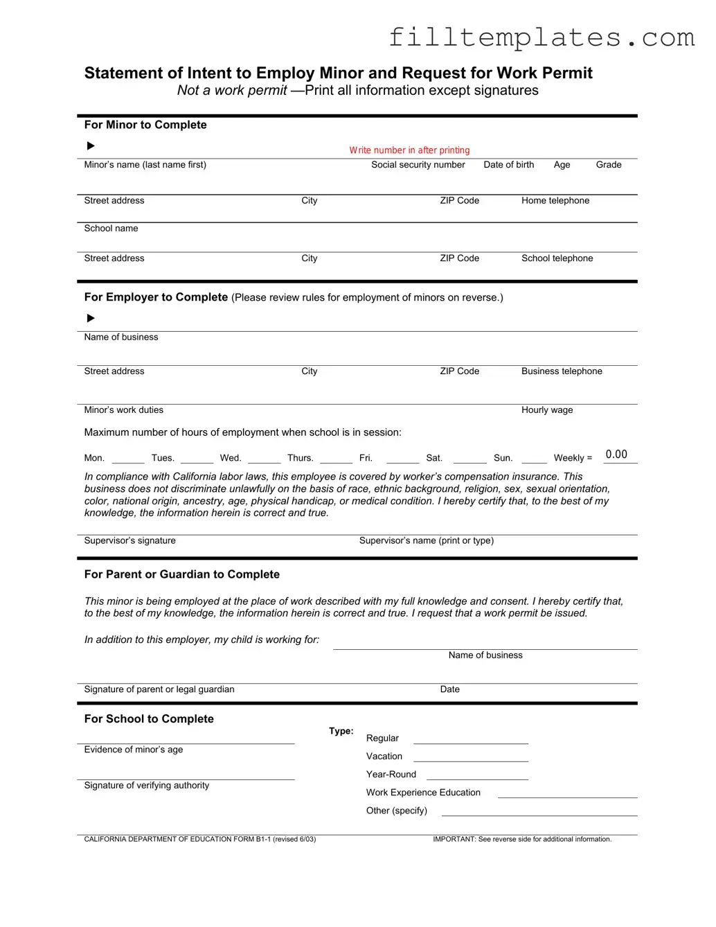 Download Statement of Intent to Employ Minor and Request for Work Permit Template