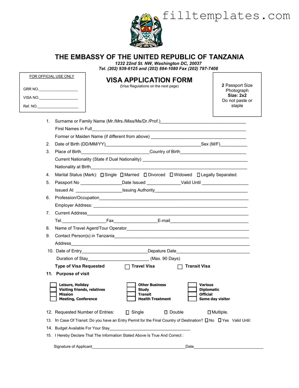 Download Tanzania Visa Applicaiton Template