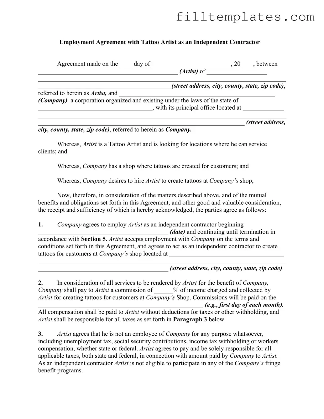 Download Tattoo Shop Artist Agreement Template