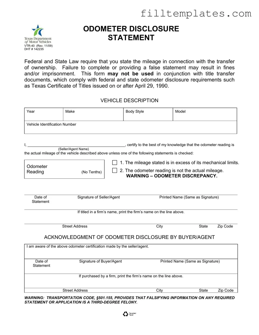 Download Texas Odometer Statement Template
