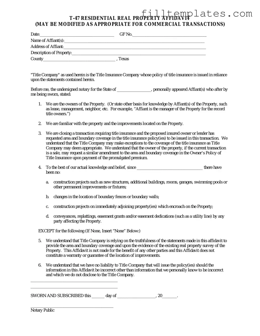 Download Texas residential property affidavit T-47 Template