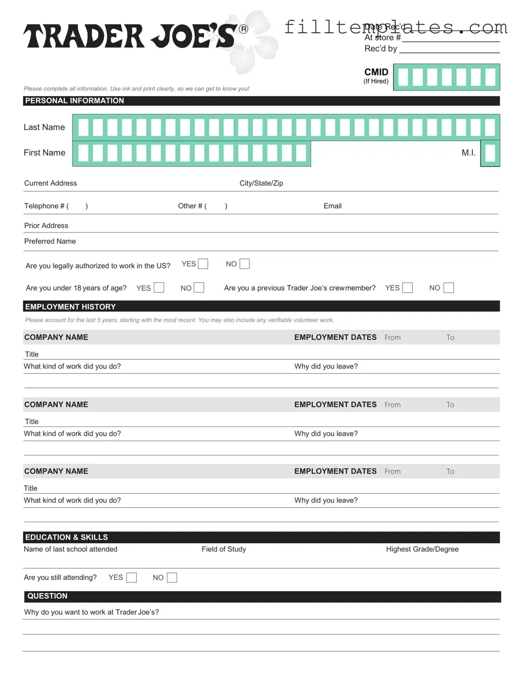 Download Trader Joe's application Template