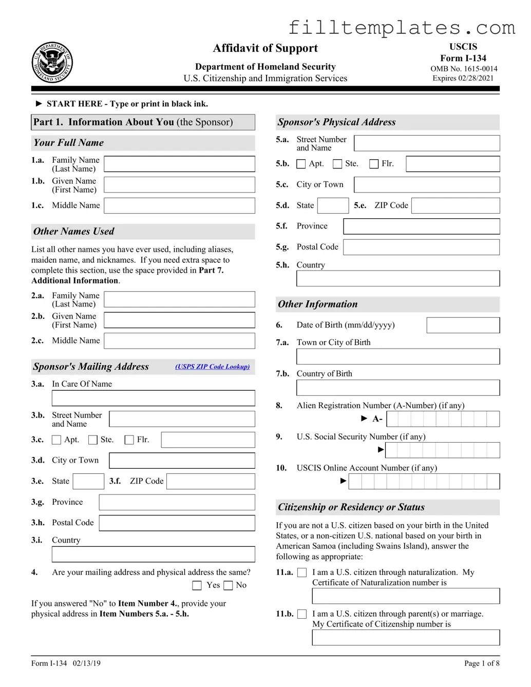 Download USCIS I-134 Template