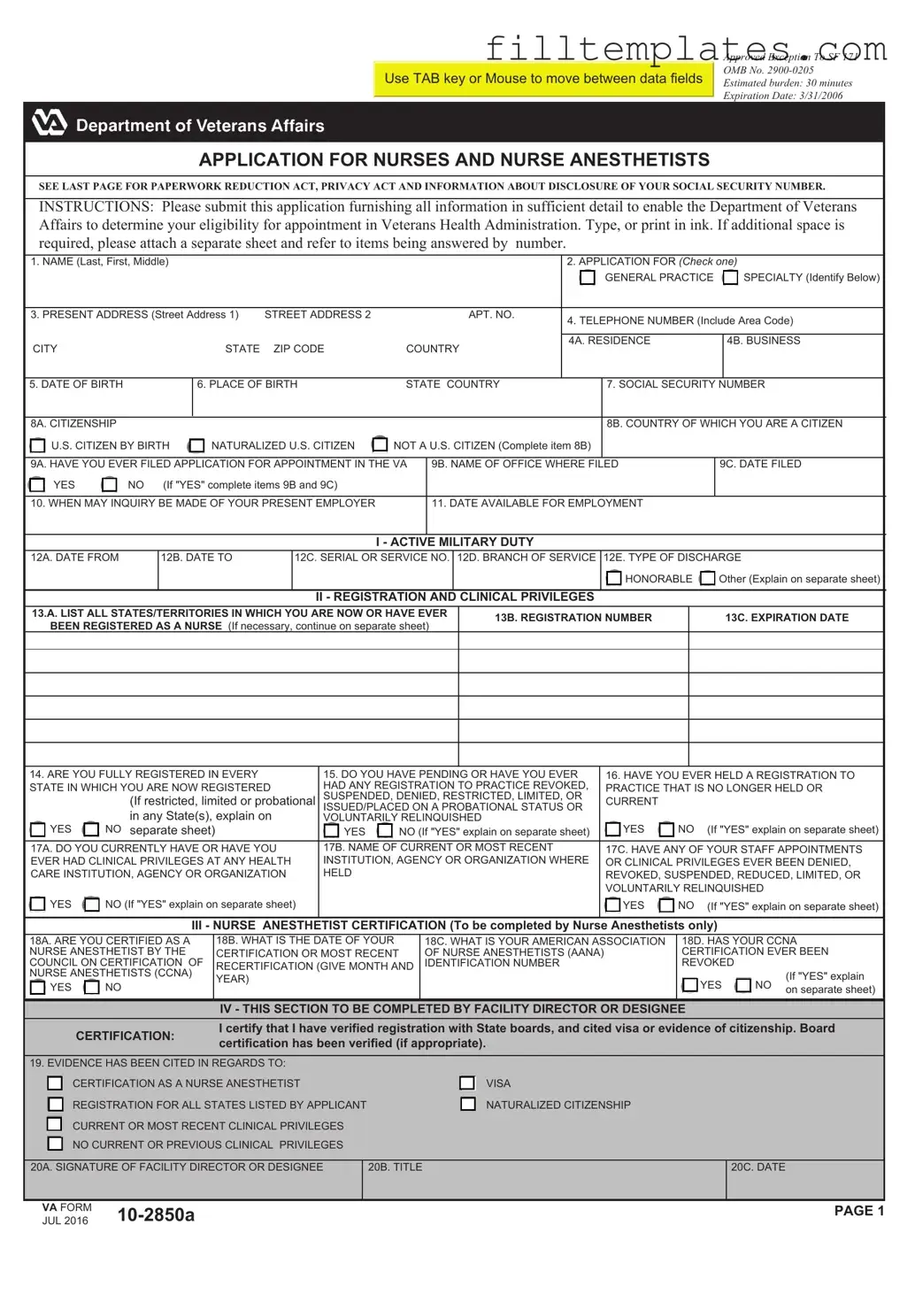 Download VA 10-2850a Template
