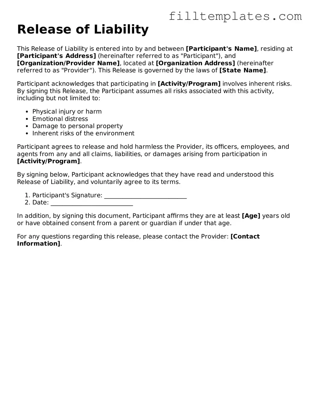Free Release of Liability Template