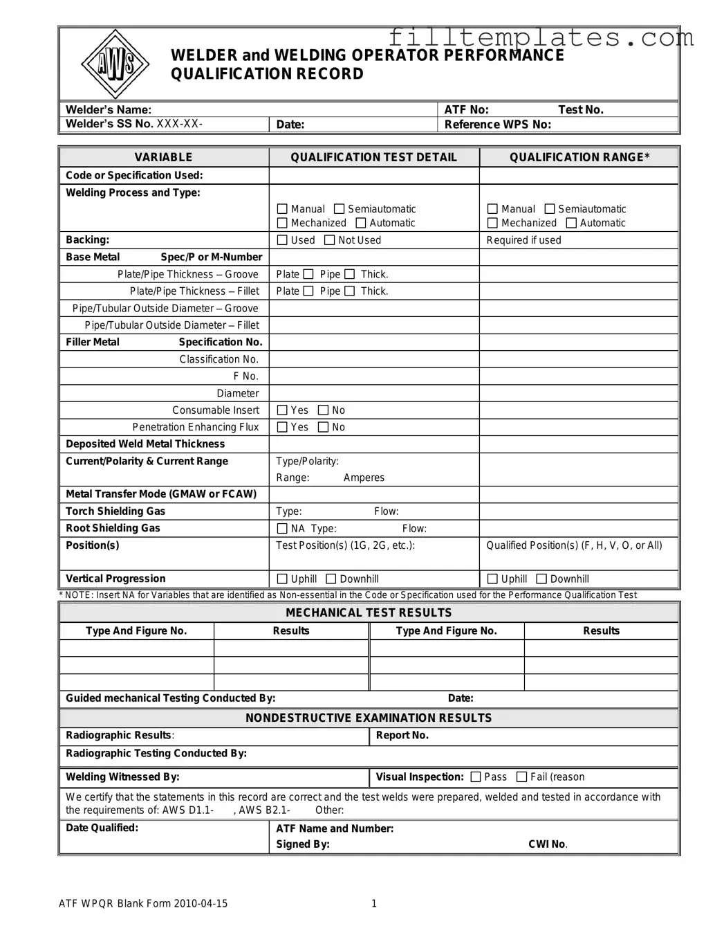 Download Welder Performance Qualification Record Template